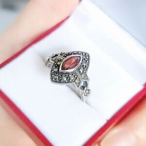 Judith Jack Sterling + Garnet + Marcasite Ring Sz 8